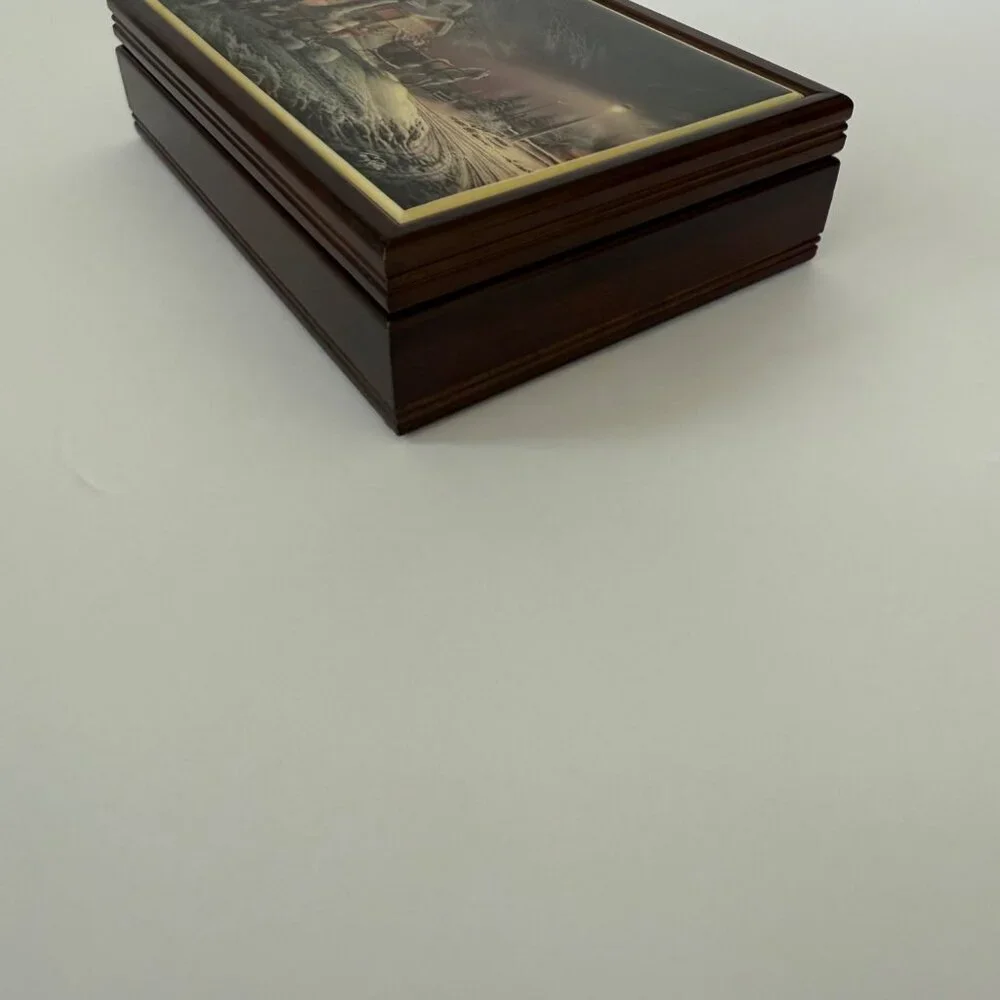 Vintage Galarina Folk Arts Wooden Jewelry Box With Winter Scene Lid & Red Velvet